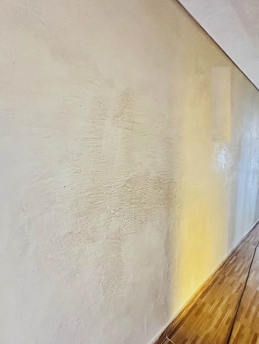 A long MABTerra DanaLux wall in soft daylight showing the patina movement of the cured clay finish above a timber floor.