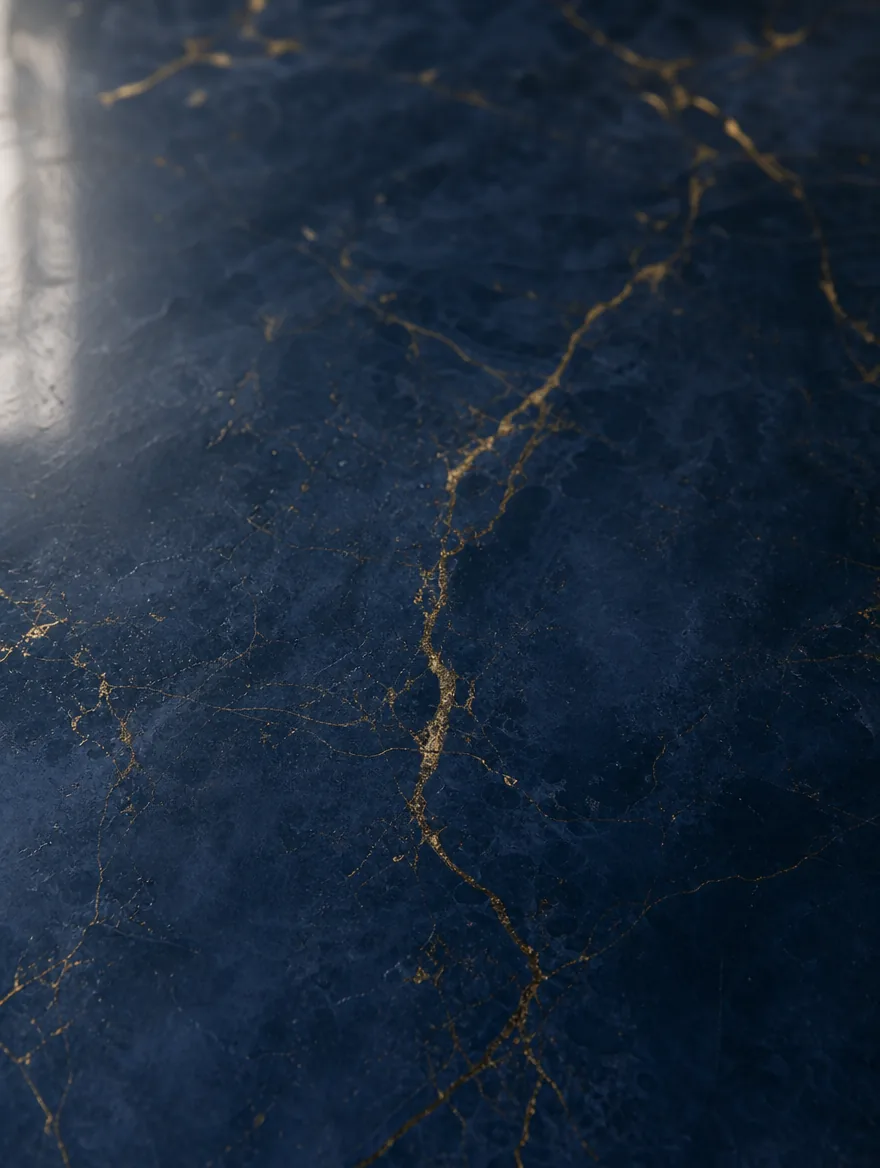 MABCalce Venetian in soft interior light: navy lime plaster with gold veining, low contrast and gently clouded.